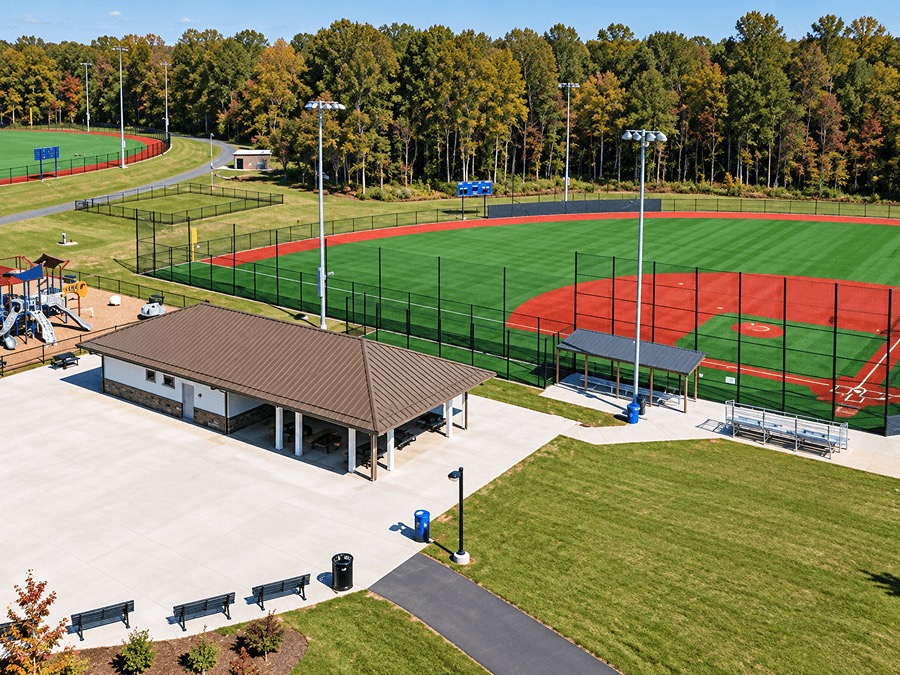 Aerial view of baseball fields and clubhouse