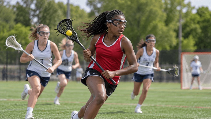 Girls lacrosse player carrying the ball